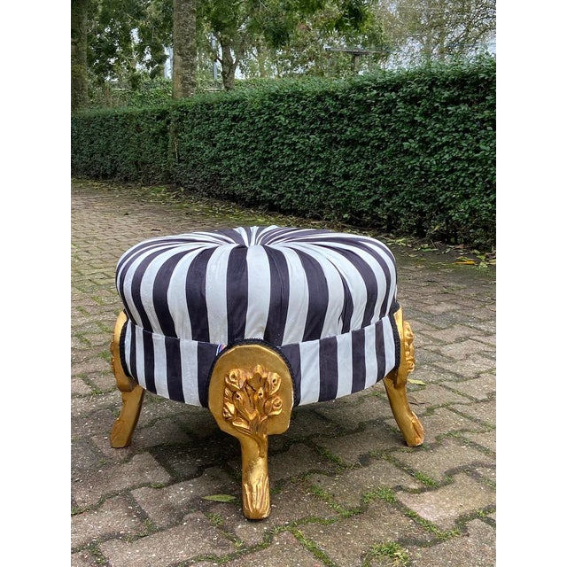 Black 1990s French Louis XVI Gilded Ottoman Bench in Black & White Striped Velvet, Refinished For Sale - Image 8 of 10