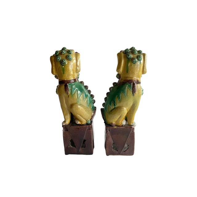 Antique Chinese Foo Dog / Guardian Lion Mustard and Green Figurines - a Pair For Sale - Image 9 of 12