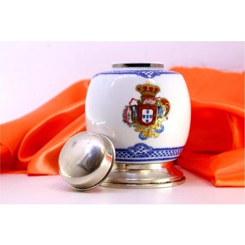 Porcelain Pot with Lid and Silver Base For Sale - Image 4 of 7