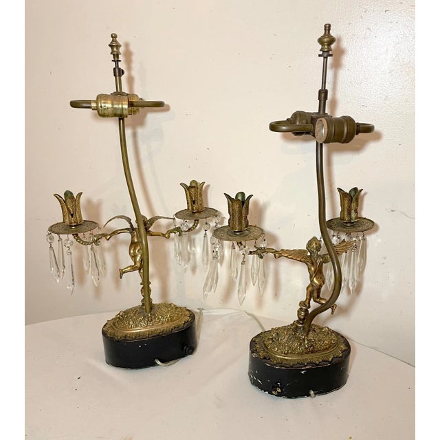 2 Antique Ornate Victorian Style Figural Bronze Wood Angel Cherub Table Lamps For Sale - Image 11 of 12