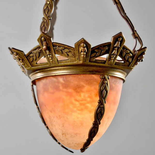 Small Muller Freres Mottled Glass and Bronze Art Deco Pendant For Sale - Image 11 of 11