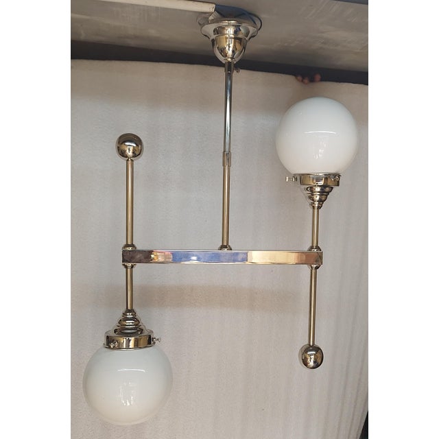 1940s 1940s Vintage Art Deco Bauhaus Old Fixture Ceiling Nickel Brass Hanging Light Milk Glass Shade Lamp For Sale - Image 5 of 5