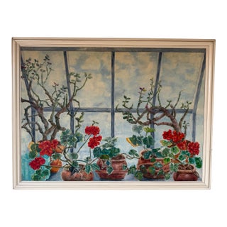Large 1985 Toni Dalton Botanical Geraniums & Window Oil on Canvas Painting, Framed For Sale