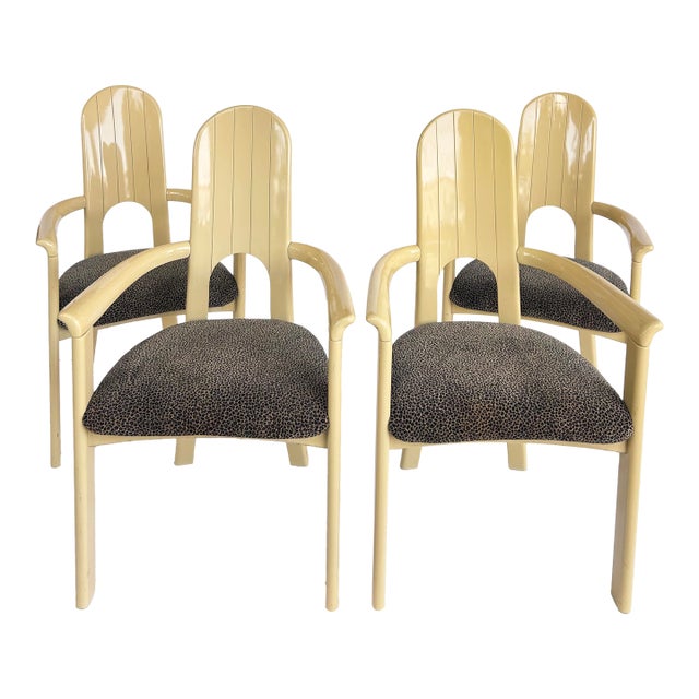 Set of 4 Italian Lacquered Postmodern Armchairs, Animal Print Upholstery For Sale