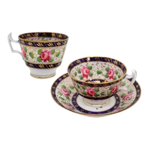 English New Hall Regency Porcelain Pattern 1865 Roses Cups and Saucer Trio Tea Set - 3 Pieces