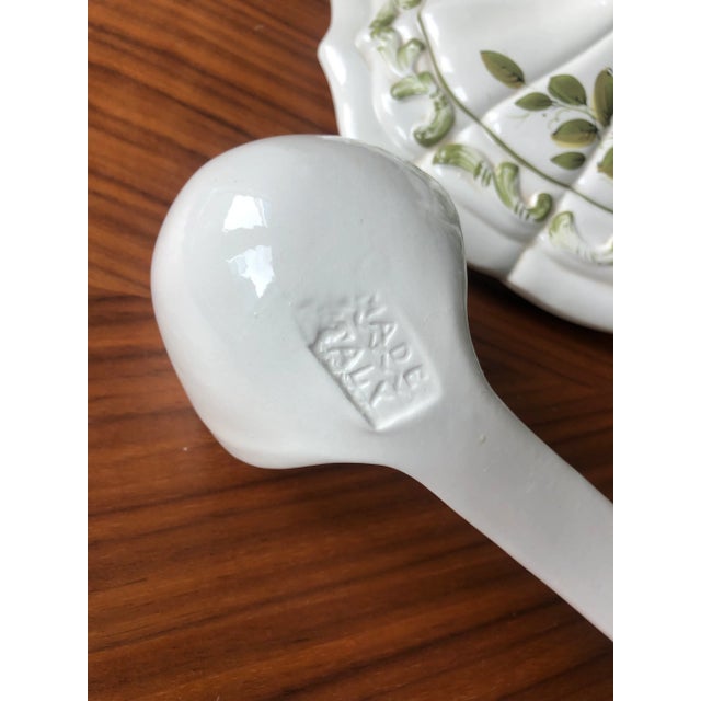 Mid 20th Century Italian Faience Soup Tureen With Ladle in Green and White Botanical Accents-Signed For Sale - Image 5 of 12