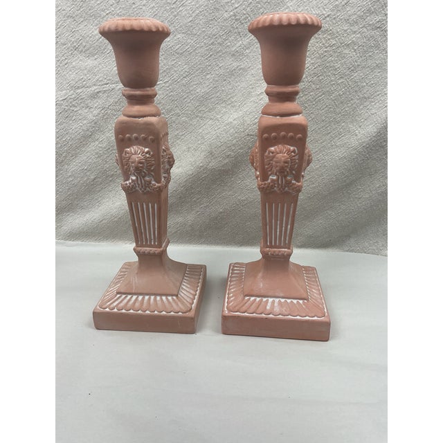 Pair of Vintage Terra Cotta Candleholders With Lion Decoration For Sale - Image 4 of 7