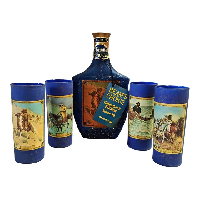 Vintage Americana Jim Beam Choice Americana Blue Decanter & Glasses Set - 5 Pieces For Sale