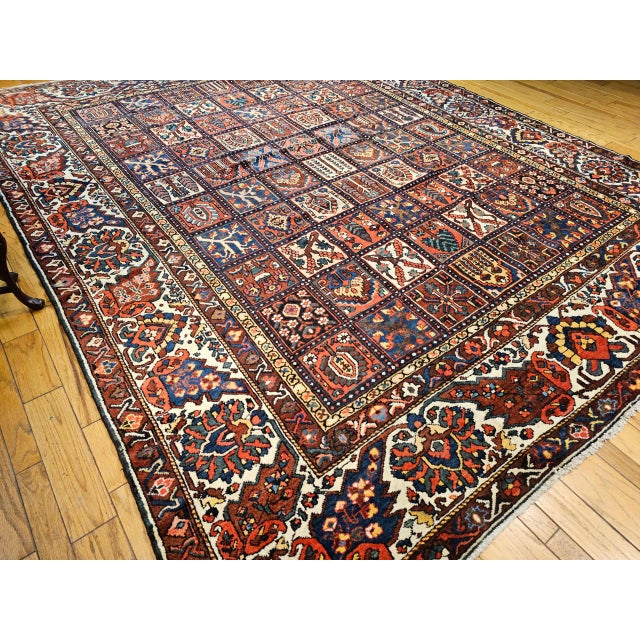 Vintage Oversized Persian Bakhtiari Rug, Hand-Knotted wool, Garden Panel Pattern, Burgundy & Blue, 11x14 For Sale - Image 10 of 11