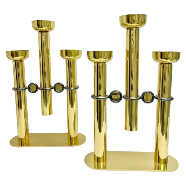 1980s Large Pair of Brass Post Modern Candelabra by Eg Cody Italy For Sale - Image 12 of 12