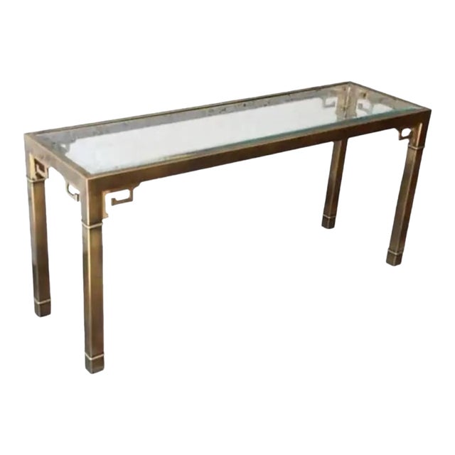 Mastercraft Brass and Glass Console Table, Greek Key Motif For Sale