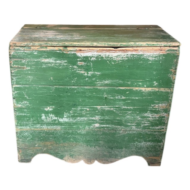 American Wooden Hinged Top Wood Box Use as a Storage Cabinet - Original Green Paint For Sale