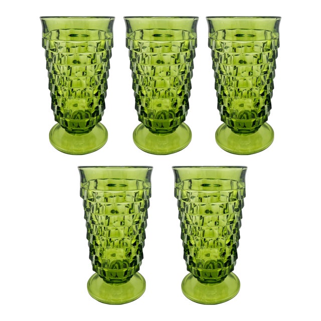 Vintage Green Glass Tumblers – Set of Five Textured Mid-Century Barware For Sale
