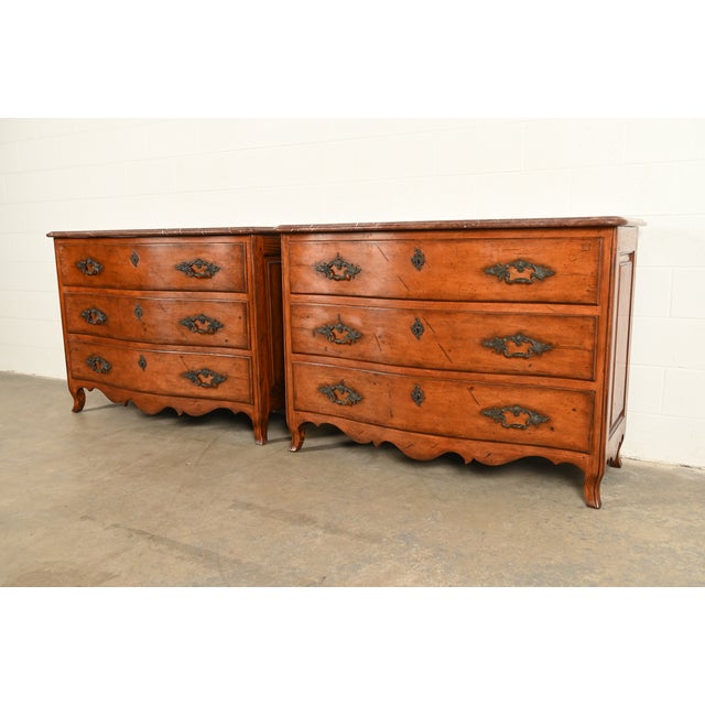 Ralph Lauren Ralph Lauren French Provincial Louis XV Carved Walnut Marble Top Commodes or Chests of Drawers, Pair For Sale - Image 4 of 16