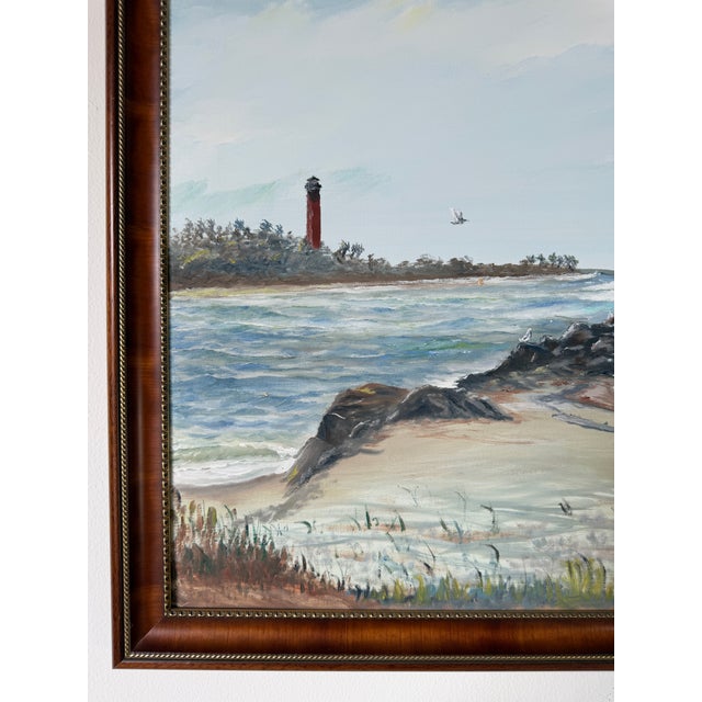 Vintage Cosman Coastal Lighthouse Impressionist Oil Painting on Masonite Board – Framed For Sale - Image 9 of 18