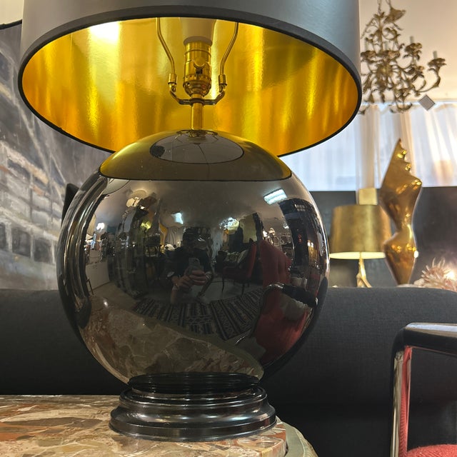 Mid-Century Modern Black Ceramic Round Table Lamp With Custom Black Shade For Sale - Image 3 of 7