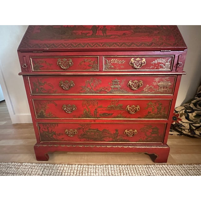 Vintage Red Chinoiserie Secretary Desk With Hand-Painted Gilt Asian Landscapes & Double Bonnet Top For Sale - Image 13 of 15
