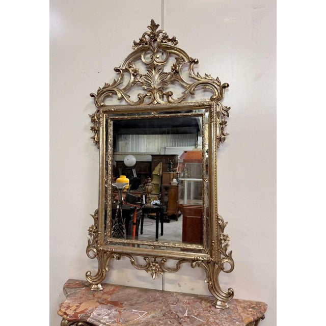 Louis XV Style Curved Castle Console and Mirror in Gilded and Silvered Wood For Sale - Image 4 of 7