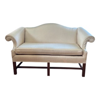 Elegant Chippendale Camelback Loveseat - In a Sophisticated Fabric - Updates It’s Look For Sale