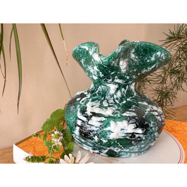Vintage Sculptural Green Lava Glaze Ceramic Ewer With Scroll Handle For Sale - Image 13 of 18