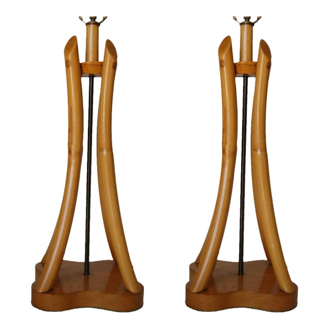 1950s Restored Hourglass Rattan & Mahogany Lamp, Pair For Sale