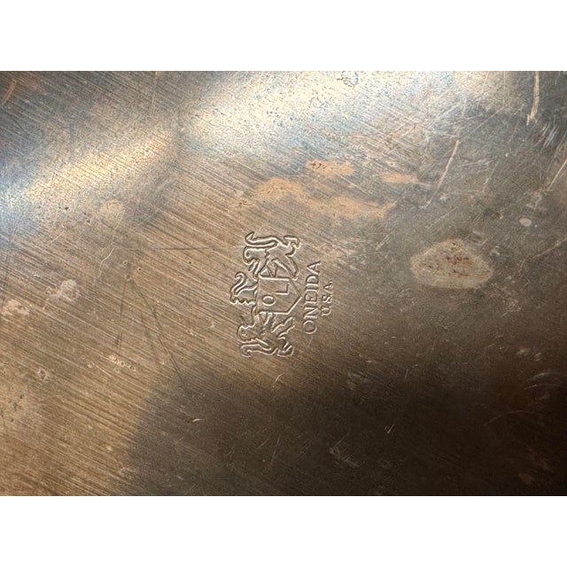Silver Silverplate Engraved Round Handled Tray, Vintage For Sale - Image 8 of 12
