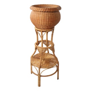 Vintage Wicker Jardiniere and Pedestal For Sale