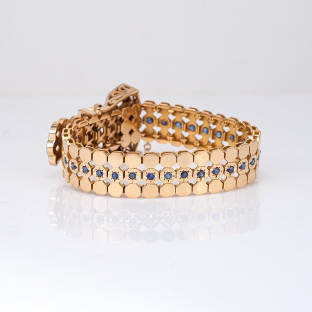 Mid-Century Modern 1940s Portuguese Retro Buckle Bracelet Sapphire 19k Rose Gold 7" Fine Jewelry For Sale - Image 3 of 5
