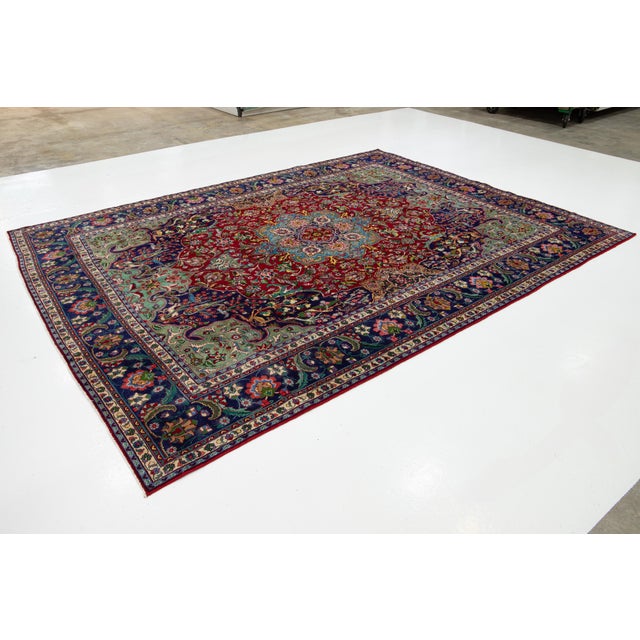 Islamic 1930s Handmade Tabriz Red Wool Rug Featuring a Rosette Design For Sale - Image 3 of 9