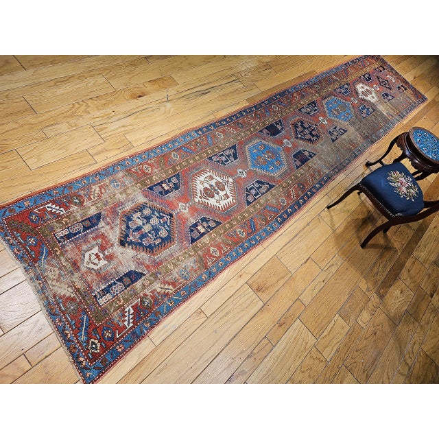 Textile Vintage Persian Heriz Serapi Runner, Hand-Knotted Wool, Geometric Pattern, Terracotta & Navy, 3x16 For Sale - Image 7 of 15
