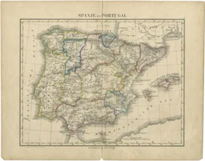Antique Map of Spain and Portugal by Petri, 1873