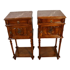 1890 Antique French Louis XV Walnut & Marble Top Nightstands / Bedside Tables
