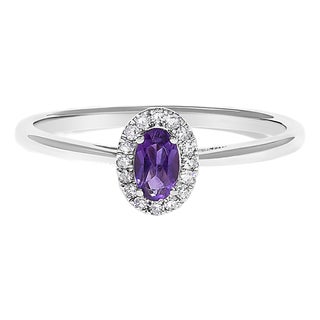 10K White Gold 5X3MM Oval Purple Amethyst and Diamond Accent Halo Ring (I-J Color, I1-I2 Clarity) - Ring Size 5 For Sale