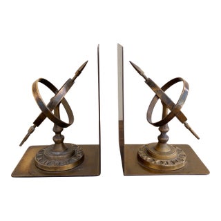 1980s Neoclassical Cast Brass Celestial Armillary Sundial Bookends, Pair For Sale