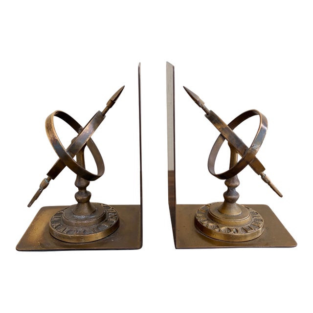 1980s Neoclassical Cast Brass Celestial Armillary Sundial Bookends, Pair For Sale