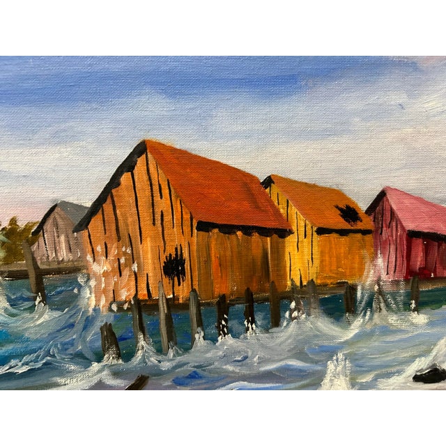 Vintage Nautical Harbor Fishing Shacks Oil Painting, Framed For Sale In Boston - Image 6 of 11