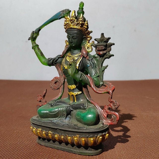 1940s Green Bodhisattva (Tara) Figurine Seated on Lotus Throne — Green & Gold Robes, Red Sashes For Sale - Image 9 of 9