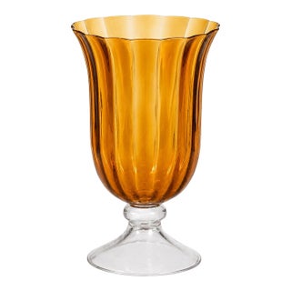 Vintage Amber Scalloped Art Glass Vase on Clear Pedestal Foot | 13” Decorative Glass Vessel For Sale