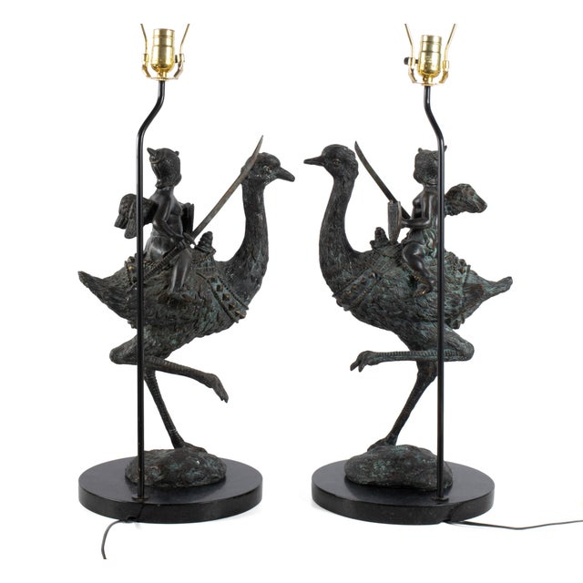Mid 20th Century Mid 20th Century Charming Pair of Bronze Ostrich Lamps With Cherubs For Sale - Image 5 of 12