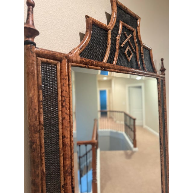 1980s Vintage British Colonial Style Burnt Bamboo and Cane Wall Mirror For Sale - Image 5 of 12