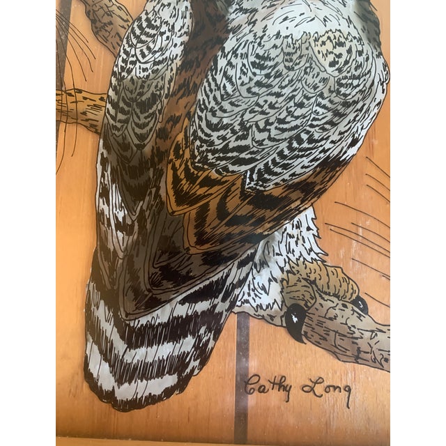 Late 20th Century Reverse Painting on Glass of Great Horned Owl on a Pine Branch For Sale - Image 4 of 6