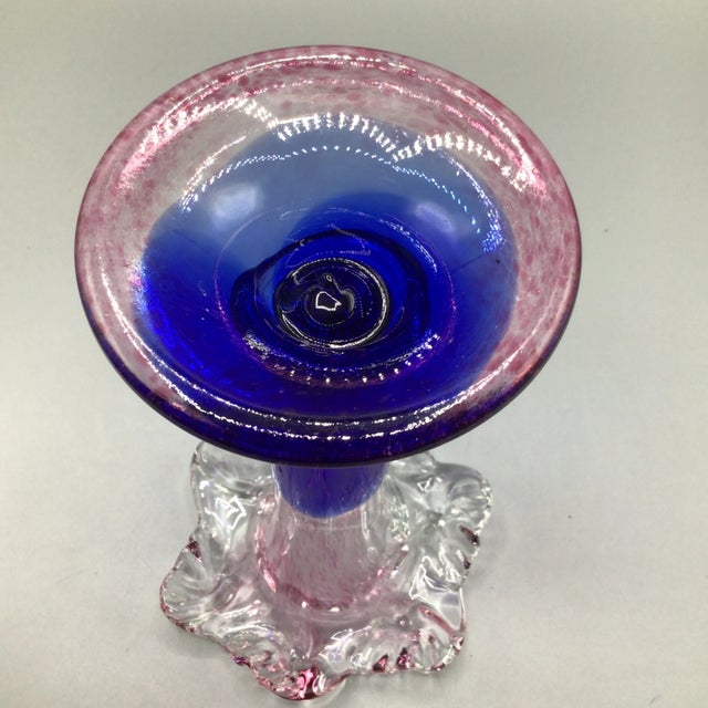 Murano Colbalt Blue With Pink Swirl Floral Studio Art Glass Vases - A Pair For Sale - Image 12 of 12