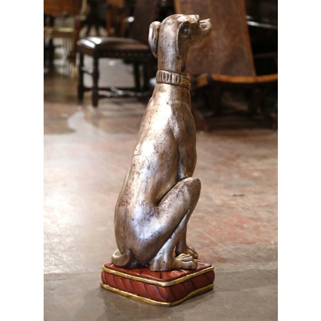 Wood Vintage Italian Silvered Greyhound Dog Sculpture on Red Gilt Base For Sale - Image 7 of 11
