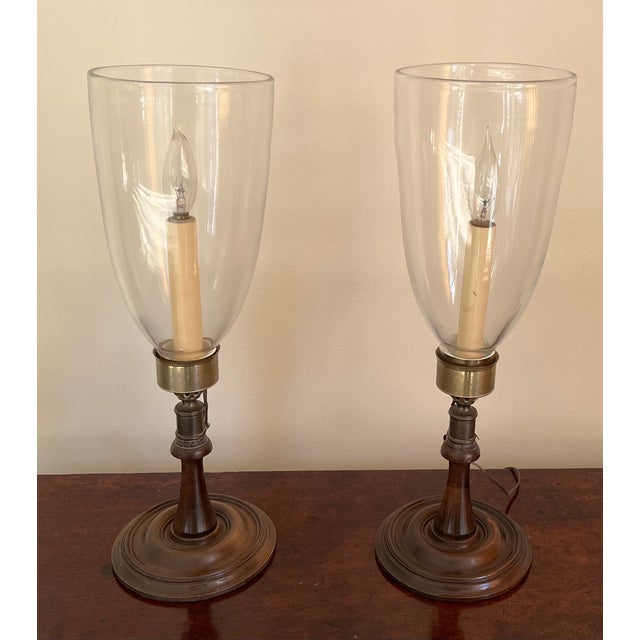 Georgian Style Mahogany & Brass Candlestick Lamps With Hurricane Shades - A Pair For Sale - Image 18 of 18