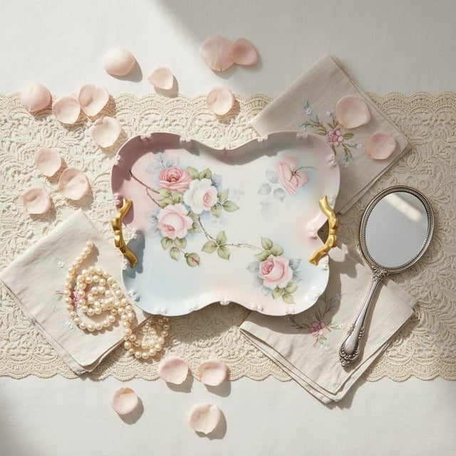 Vintage Hand Painted Porcelain Vanity Set-Tray-Perfume Bottles-Casket-Jar-Signed For Sale - Image 4 of 11