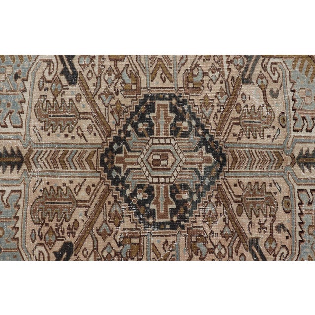 Persian Antique Heriz Rug With Geometric Design in Blue's, Tan, Cream, and Brown 11'5 X 14'7 For Sale - Image 9 of 17