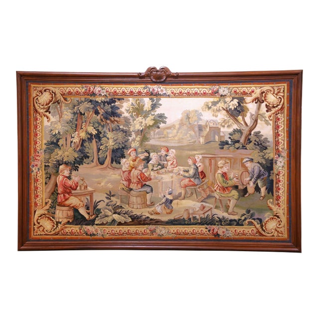19th Century French Aubusson Tapestry in Oak Frame in the Manner of D. Teniers For Sale
