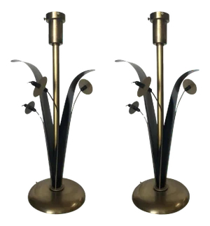 Mid-Century Brass and Black Metal Willow Table Lamps - a Pair