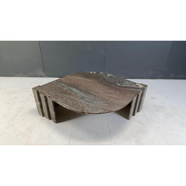 Vintage oval grey/green marble coffee table on two architectural design bases. Beautiful natural veining troughout. Good...