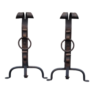 Pair of 1920s Wrought Iron Andirons Arts & Crafts Fireplace Antique
